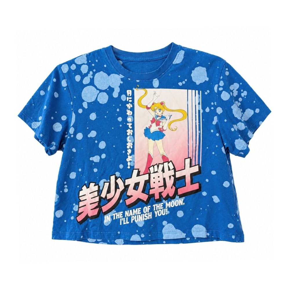 Sailor Moon Womens XS Blue Bleach Splatter Crop Top Graphic T-Shirt Anime Cotton